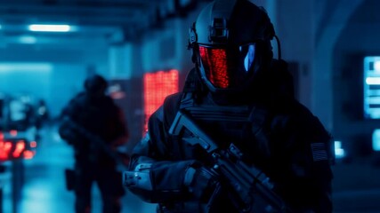 Poster - SWAT soldiers team in command center. Special forces in cyber war. Cybercrime, cybersecurity concept. Data and network protection. Armed FBI agent, police officer in operating room. Security guard