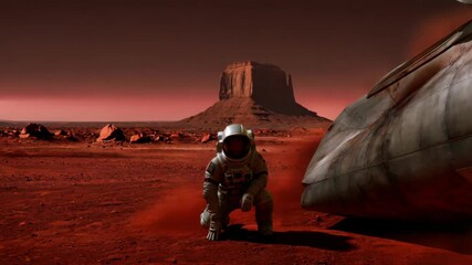 Wall Mural - Astronaut crouching near spaceship landing on rocky Mars terrain, red sandy landscape stretching toward distant horizon under alien sky