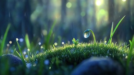 Wall Mural - a drop of water rests atop lush green grass dotted with water on a sunny day