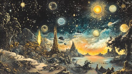 Wall Mural - mystical themes highlighting celestial harmony glowing metaphysical designs astrological interpretat