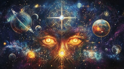 Wall Mural - cosmic harmony represented through aligned planets zodiac signs intricate mystical symbols embodying