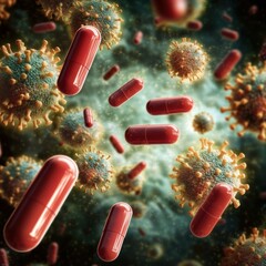 Aufkleber - Pills encircling and attacking bacteria, showcasing advances in medical science and healthcare technology. Generative AI