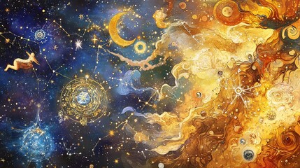 Wall Mural - metaphysical illustrations portraying zodiac archetypes cosmic energy in vibrant celestial patterns 