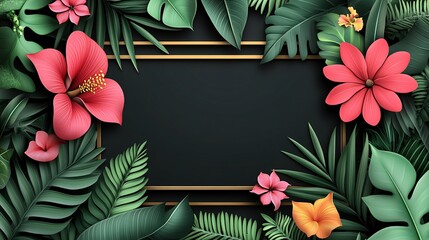 Wall Mural - Vibrant tropical flowers and leaves frame a blank space for creative designs