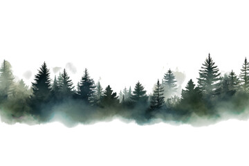 Misty forest landscape at dawn showcasing evergreen trees and distant mountains