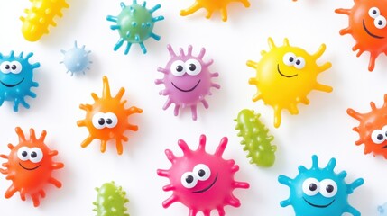 Poster - Cheerful colorful microbes with eyes and smiles create a joyful atmosphere in a bright setting. Generative AI