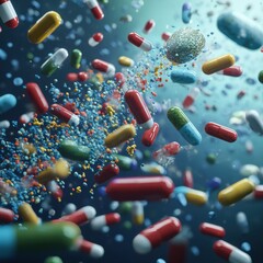 Aufkleber - Pills encircling and attacking bacteria as a representation of advancements in medicine and healthcare technology. Generative AI