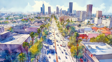 Wall Mural - Aerial view sketch of wilshire blvd la, ca. Willowshade. Illustration
