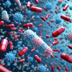 Poster - Pills engaging bacteria in a dynamic representation of medical advancements in combating infections. Generative AI