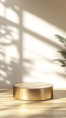 Poster - Minimalist Golden Pedestal in Sunlit Room with Plant Shadows - Ideal for Product Display