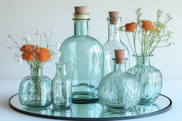 Aufkleber - A decorative tray filled with various flower arrangements and vases