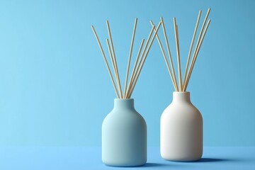 Poster - Two ceramic vases with wooden stick handles on a blue surface