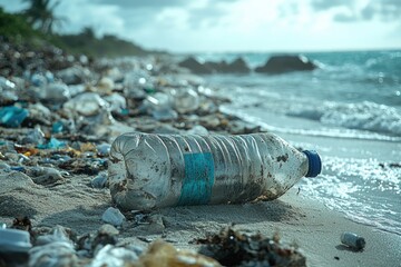 Poster - A plastic bottle on a beach near the ocean