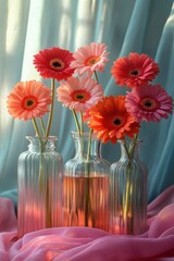 Poster - Three elegant glass vases filled with vibrant pink and orange flowers for a beautiful display