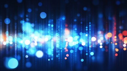 Abstract digital technology background with blue and orange bokeh lights, futuristic data concept