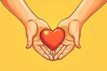 Wall Mural - A pair of hands holds a bright red heart against a sunny yellow backdrop