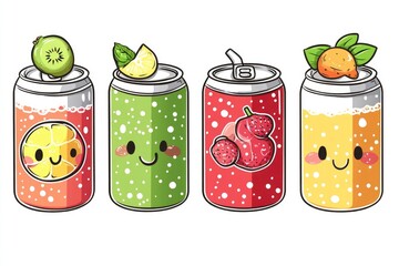Poster - Four soda bottles with hand-drawn faces, colorful and playful