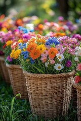 Poster - A collection of vibrant flowers arranged in woven baskets, perfect for decorating or gift-giving