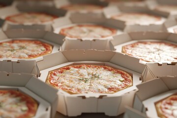 Poster - Freshly baked pizzas in various flavors and sizes packaged in cardboard boxes on a table