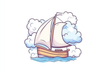 Poster - A colorful cartoon boat floats on calm ocean waters, surrounded by fluffy white clouds