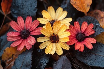 Poster - Three vibrant flowers with water droplets glisten in the light