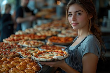 Poster - A person holding a plate of pizza, surrounded by many pizzas on a table