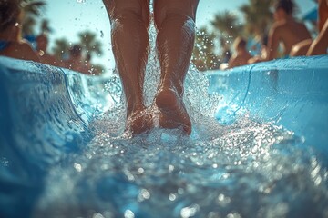 Wall Mural - A person sliding down a water slide into a pool