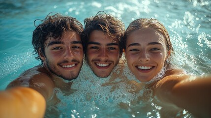 Poster - A group of friends taking a photo together in the swimming pool, suitable for use in social media or travel-themed projects
