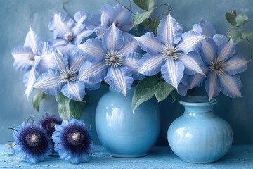 Poster - A collection of blue vases filled with fresh flowers, great for home decor or as a gift