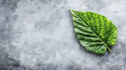 Wall Mural -   A clear image shows a green leaf resting on gray and white concrete A soft light source illuminates the leaf's top side