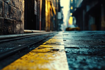 Aufkleber - A street scene with a yellow line painted along the edge, ideal for use in urban planning or infrastructure projects