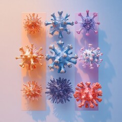 Poster - evolution of virus forms displayed from basic to complex structures in a colorful arrangement. gener
