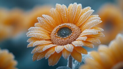 Poster - A close-up view of a flower with frost covering its petals and leaves