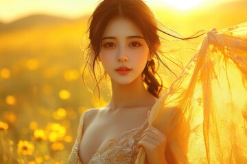 Poster - A woman wearing a bright yellow dress holds a piece of translucent yellow fabric, possibly for decoration or to create a sense of drama