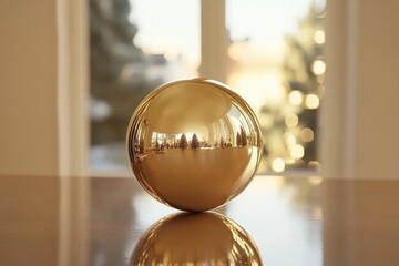 Poster - A small shiny ball placed on a wooden table, perfect for use in various compositions