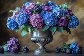 Aufkleber - A beautiful arrangement of purple and blue flowers in a silver vase