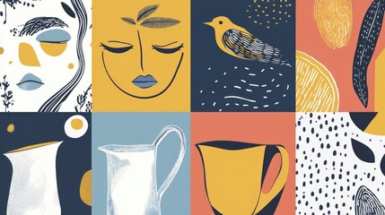 Poster - A collage featuring a bird sitting on different surfaces, including wood, fabric, and more