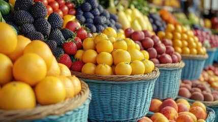 Sticker - Assortment of fruits and veggies arranged in wicker containers