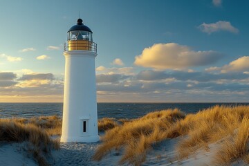 Poster - A lone lighthouse stands tall on a sandy beach, with the ocean waves crashing in the background