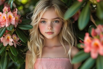 Poster - A young girl posing in front of a colorful flower bush, great for use as a background or illustration