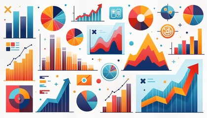 Poster - Colorful graphic design illustration shows various business graphs, charts. Data visualization elements include bar graphs pie charts, line graphs. Modern design style with bold colors represents