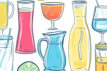 Poster - A selection of different drinks and beverages arranged on a white background
