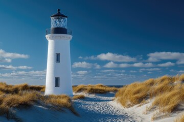 Poster - A white lighthouse sits atop a sandy beach, ideal for coastal or nautical-themed projects