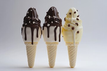 Poster - Three colorful ice cream cones with rich chocolate drizzles, perfect for a summer treat or dessert