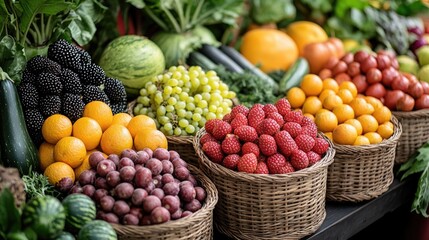 Poster - A variety of fruits and vegetables arranged in baskets on a table
