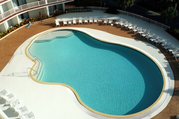 Poster - A swimming pool surrounded by lounge chairs and a balcony, perfect for relaxation and recreation