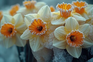 Poster - A close-up shot of a bunch of flowers buried under snow, perfect for winter-themed designs and projects