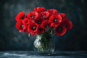 Wall Mural - A still life image of a vase filled with red flowers placed on a table