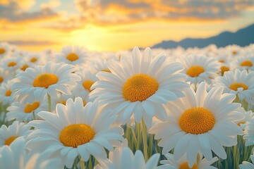 Aufkleber - A field of white daisies against a warm sunset backdrop