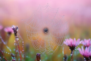 Poster - A close-up shot of a spider web with water droplets glistening on its surface